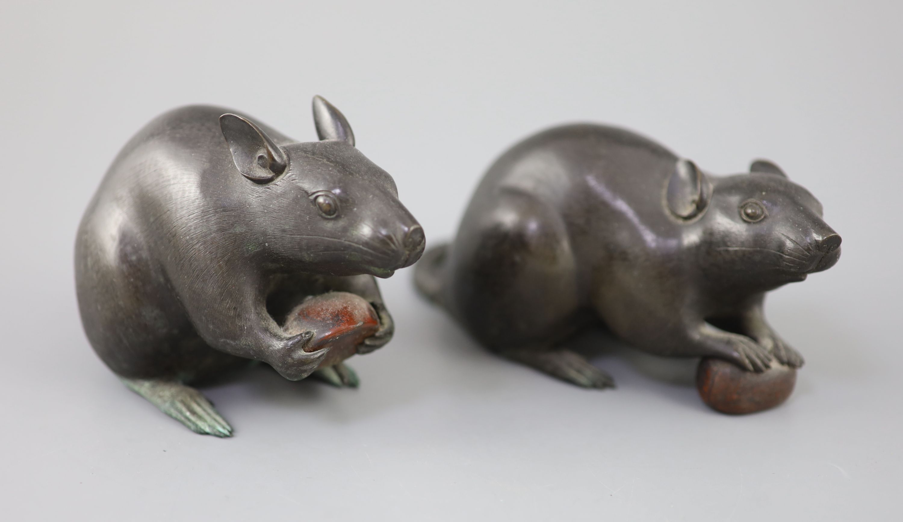 A pair of Japanese bronze models of rats, Meiji period, signed 17 and 18cm long, Provenance - A. T. Arber-Cooke